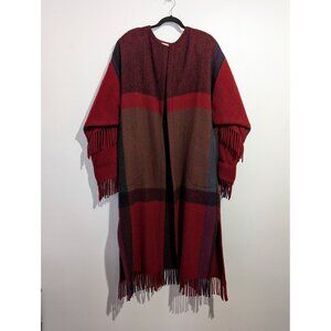 VTG Robben Alexander NY Red Purple Black Wool Plaid Long Fringe Duster Coat Med
